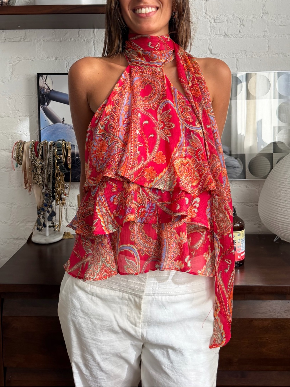 Zara Red Paisley Halter Ruffle Camisole with Tie Neck